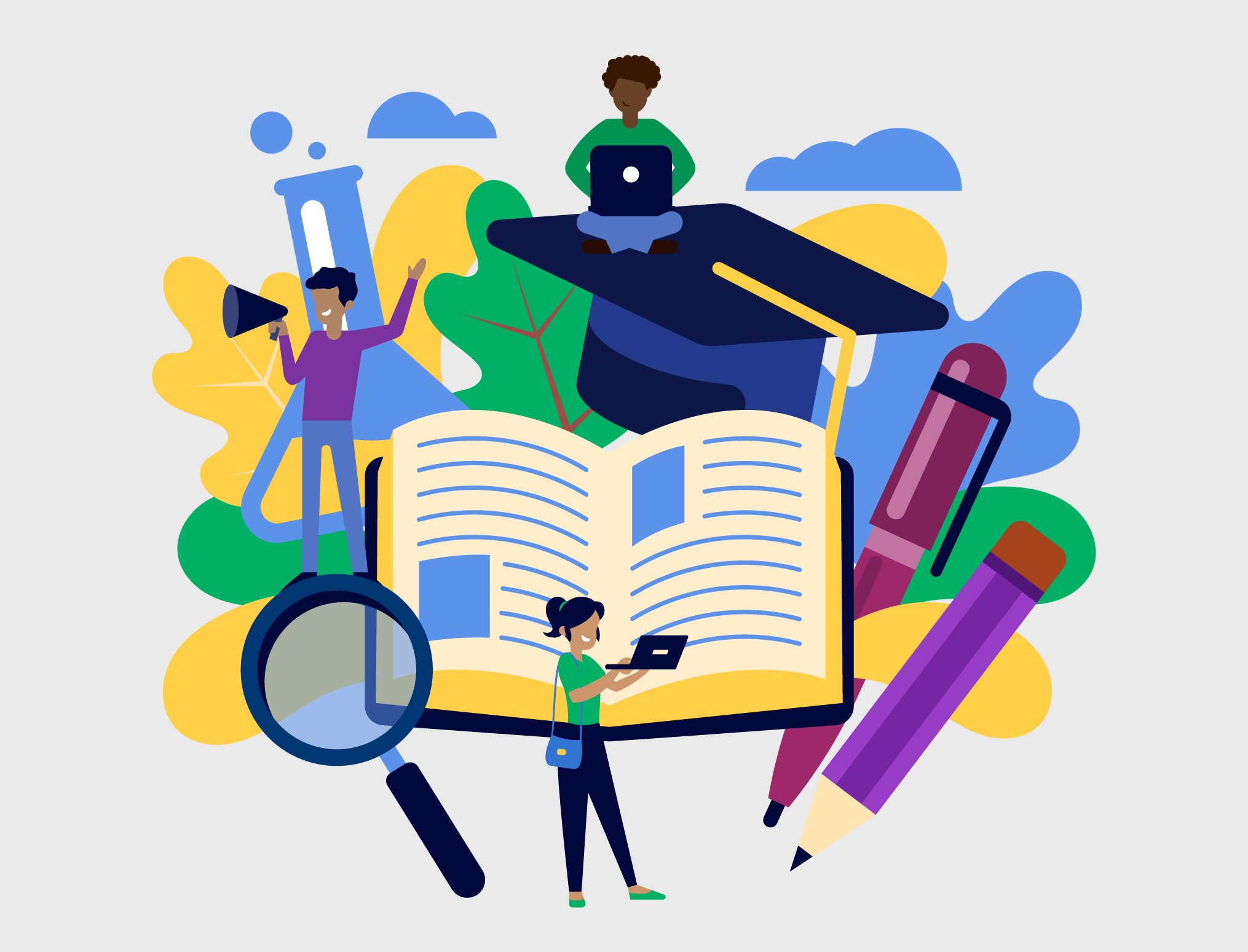 Imagem com um livro aberto no centro com pessoas e objetos escolares ao redor