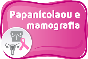 Arte possui fundo rosa. Em letras brancas o texto diz Papanicolaou e mamografia. No canto inferior esquerdo há a ilustração de um sistema reprodutor feminino, mamas e o laço cor de rosa.