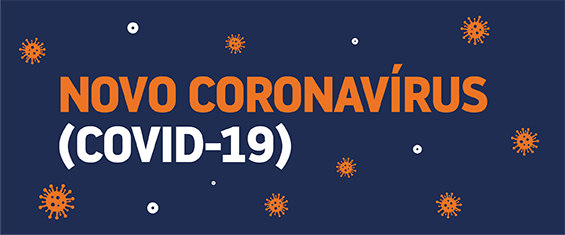 #PraCegoVer: arte possui fundo azul com ilustrações de vírus em laranja e branco espalhadas pelo retângulo. Em letras laranjas está escrito: Novo Coronavírus (Covid-19)