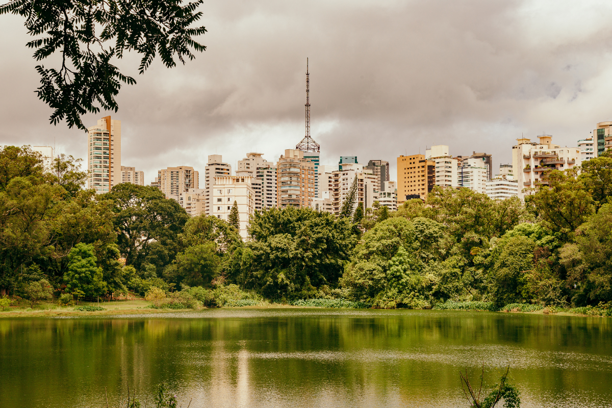 A imagem mostra um lago tranquilo cercado por uma densa área de árvores de vários tons de verde, refletindo suas copas na água parada, enquanto ao fundo se eleva o cenário urbano com prédios altos e modernos de diversas cores, como bege, branco, cinza e tons de laranja, sob um céu nublado e carregado de nuvens cinzentas, que criam uma atmosfera dramática e contrastam com o verde vivo da vegetação e o dourado suave da luz filtrada pelo tempo fechado.