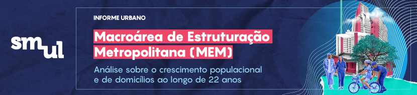 Logo SMUL. Informe Urbano. Macroárea de Estruturação Metropolitana (MEM). Análise sobre o crescimento populacional e de domicílios ao longo de 22 anos. Colagem mostra pessoas caminhando, crianças andando de bicicleta, árvore e prédios