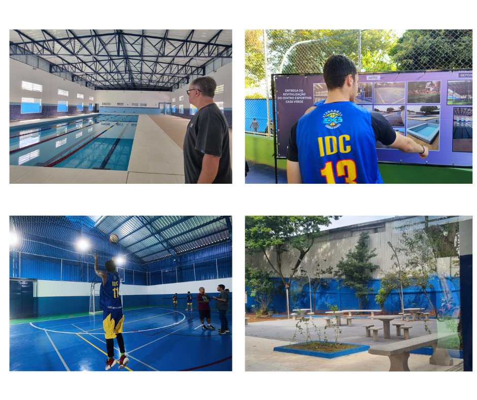 A imagem é uma colagem com quatro fotos que mostram melhorias em um centro esportivo público. A seguir, a descrição de cada uma delas, da esquerda para a direita, de cima para baixo: 1. Foto superior esquerda: um homem observa uma piscina coberta e olímpica, com raias demarcadas. O ambiente é amplo, bem iluminado por janelas altas e estrutura metálica no teto. 2. Foto superior direita: um jovem usando camiseta esportiva azul com o nome