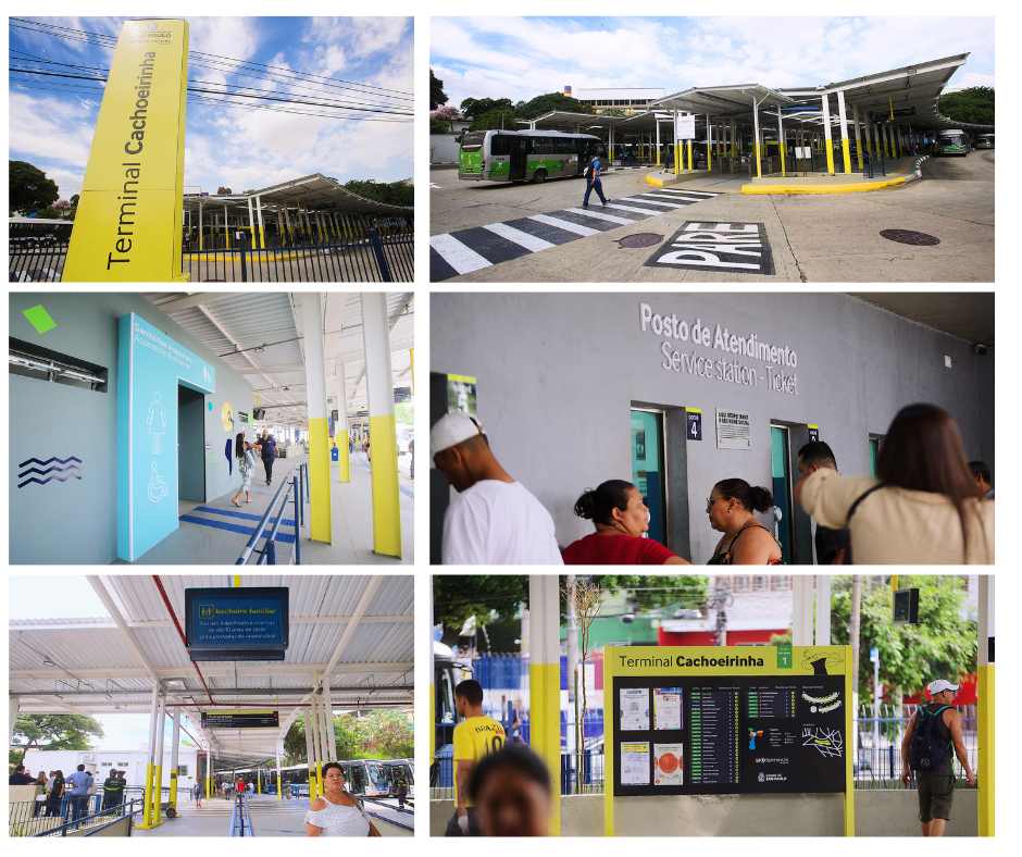A imagem mostra uma colagem de seis fotos tiradas no Terminal Cachoeirinha, em São Paulo. É um espaço amplo, moderno e reformado, com cobertura metálica e sinalização em amarelo e azul. 1. A primeira foto, no canto superior esquerdo, mostra uma placa vertical amarela com o nome