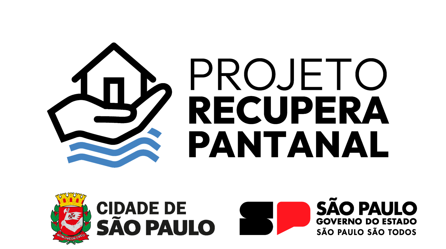 Na imagem à direita a logo com uma casa na palma de uma mão e abaixo da mão água, com o texto ao lado dizendo Projeto Recupera Pantanal.