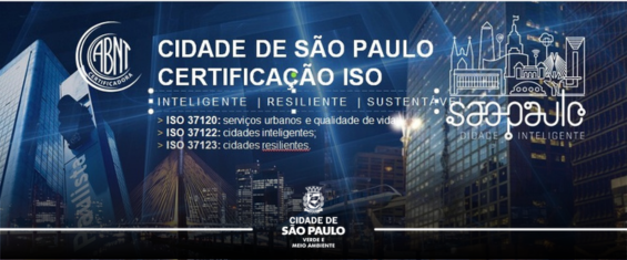 Banner azul com dizeres em branco, comunicando sobre os certificados ISO. Na parte superior, está escrito 