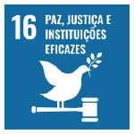 A imagem mostra o ícone da ODS 16 "paz, justiça e instituições eficazes", representada por um ícone azul escuro, com o desenho de uma pomba segurando um ramo em seu bico, em cima de um martelo de juiz