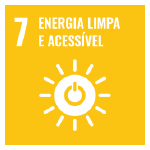 A imagem mostra o ícone da ODS 7 “energia limpa e acessível”, representada por um ícone amarelo, com o desenho de um sol com um botão de energia no meio.