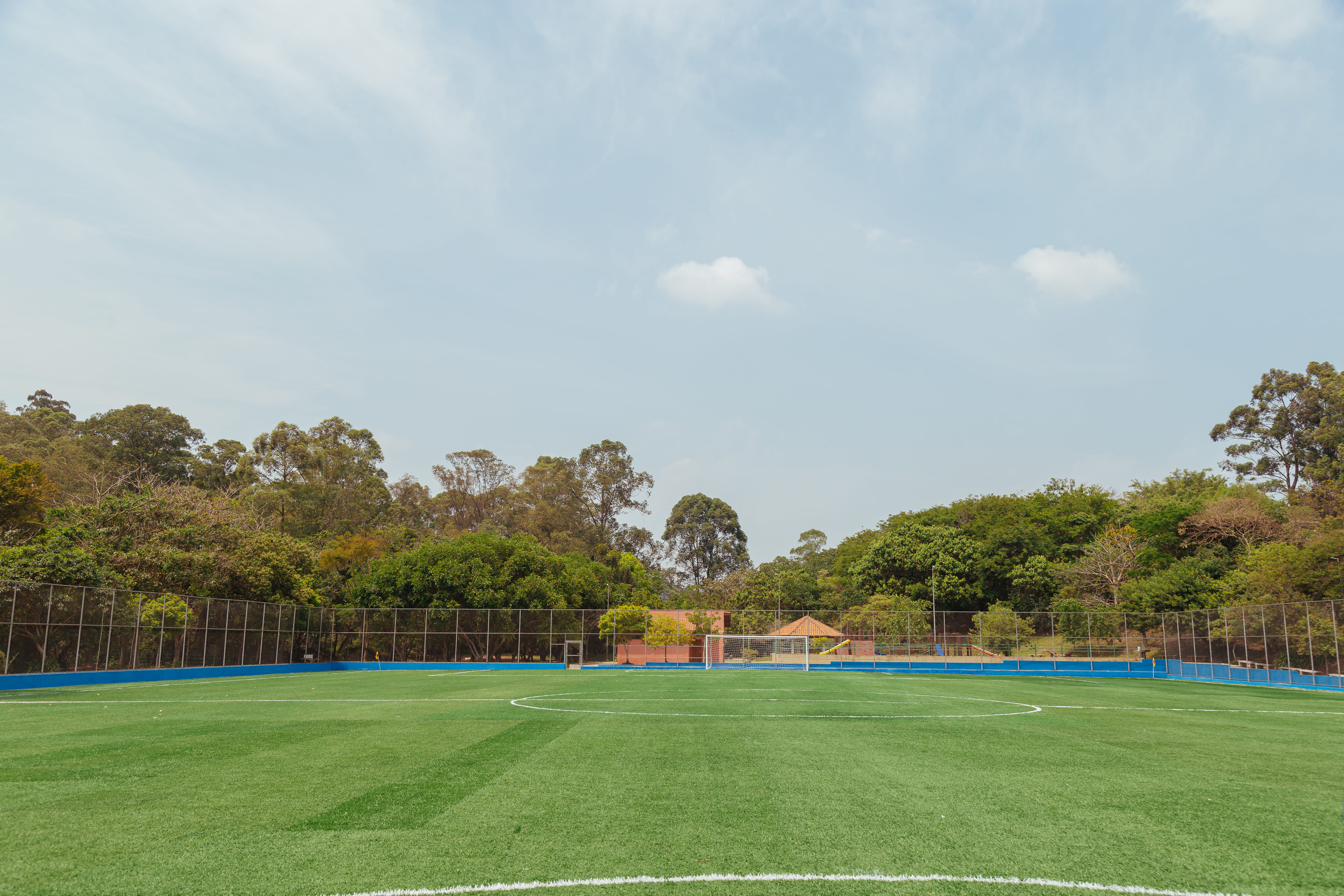 Imagem de um campo verde de futebol, com grama sintética. 