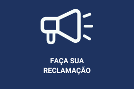 Ícone de um megafone em branco sobre fundo azul escuro, com o texto 'FAÇA SUA RECLAMAÇÃO' escrito abaixo em letras brancas.