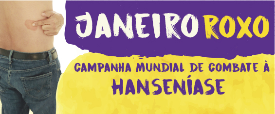 imagem de uma home com manha nas costas, titulo da campanha Janeiro Roxo - Campanha Mundial de combate à hanseniase