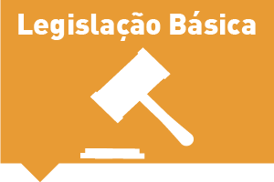 #PraCegoVer: o fundo da imagem é laranja, o título Legislação Básica está em cima em branco, e abaixo tem um martelo de juiz, também em branco.