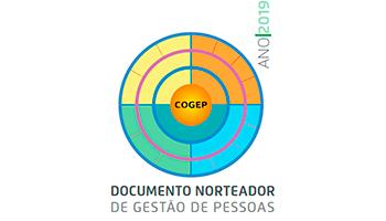 A imagem contém a mandala colorida da COGEP no centro, com um fundo branco, com a palavra &quot;Documento Norteador&quot; e &quot;Ano 2019&quot;.