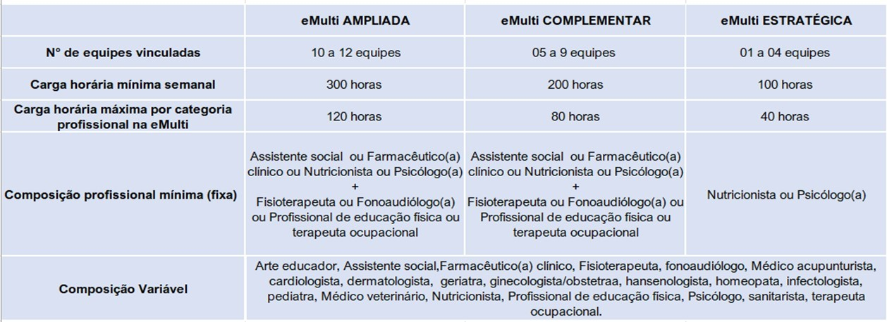 Quadro com informações sobre as três modalidades das equipes eMulti, acordo com a carga horária de equipe, vinculação e composição profissional