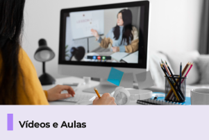 A imagem mostra um uma pessoa estudando com aulas virtuais, abaixo uma faixa com o texto 