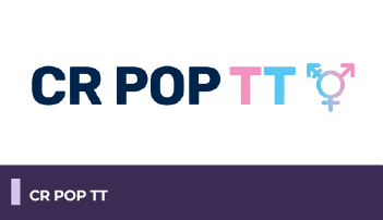 A imagem mostra um fundo branco com o Logo do do CR POP TT e o símbolo transsexual, abaixo uma faixa com o texto 