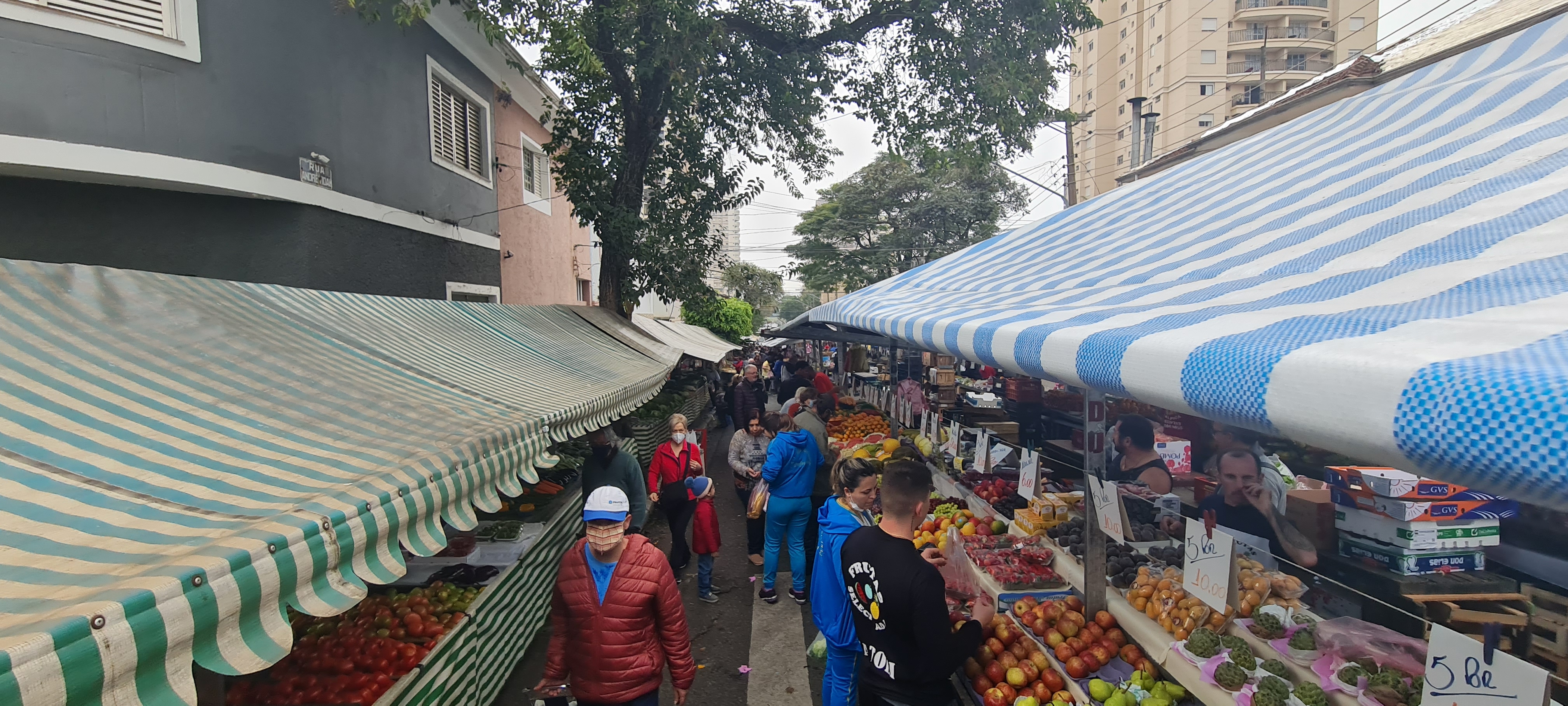 Foto de um homem de pele morena, vestindo um casaco marrom com capuz e máscara facial preta, em uma rua da cidade. Ele está em frente a uma pequena barraca de frutas, segurando um papel branco com texto em uma das mãos. A barraca exibe diversas frutas tropicais, como laranjas, limões, mangas, abacates, um abacaxi grande e cachos de bananas amarelas. Ao fundo, uma faixa de pedestres, carros estacionados e edifícios urbanos são visíveis sob luz natural. O semáforo na esquina está vermelho.